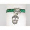 BRACELET HOMME CUIR EFFET REPTILE VERT ET TETE DE MORT METAL ARGENTE STYLE ROCK, STEAMPUNK