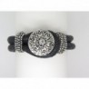 BRACELET  MANCHETTE EN CUIR NOIR AVEC PERLES ET MOTIF CENTRAL METAL