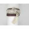 BRACELET MANCHETTE FEMME CUIR MARRON,  TISSU BEIGE FROUFROUTANT, POMPON IVOIRE EN SUEDINE