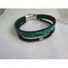 BRACELET PETITE MANCHETTE  EN CUIR VERT EFFET REPTILE AVEC PERLES NOIRES